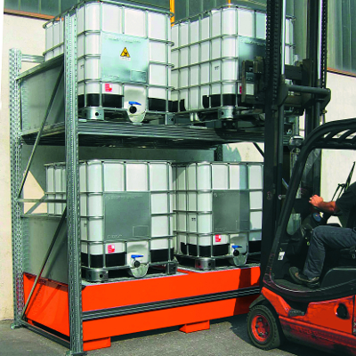 Picture of shelving for four IBCs with forklift